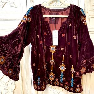 NEW Kyla Seo Velvet Embroidered Boho Top Brown Burgundy Bell 3/4 Sleeves S